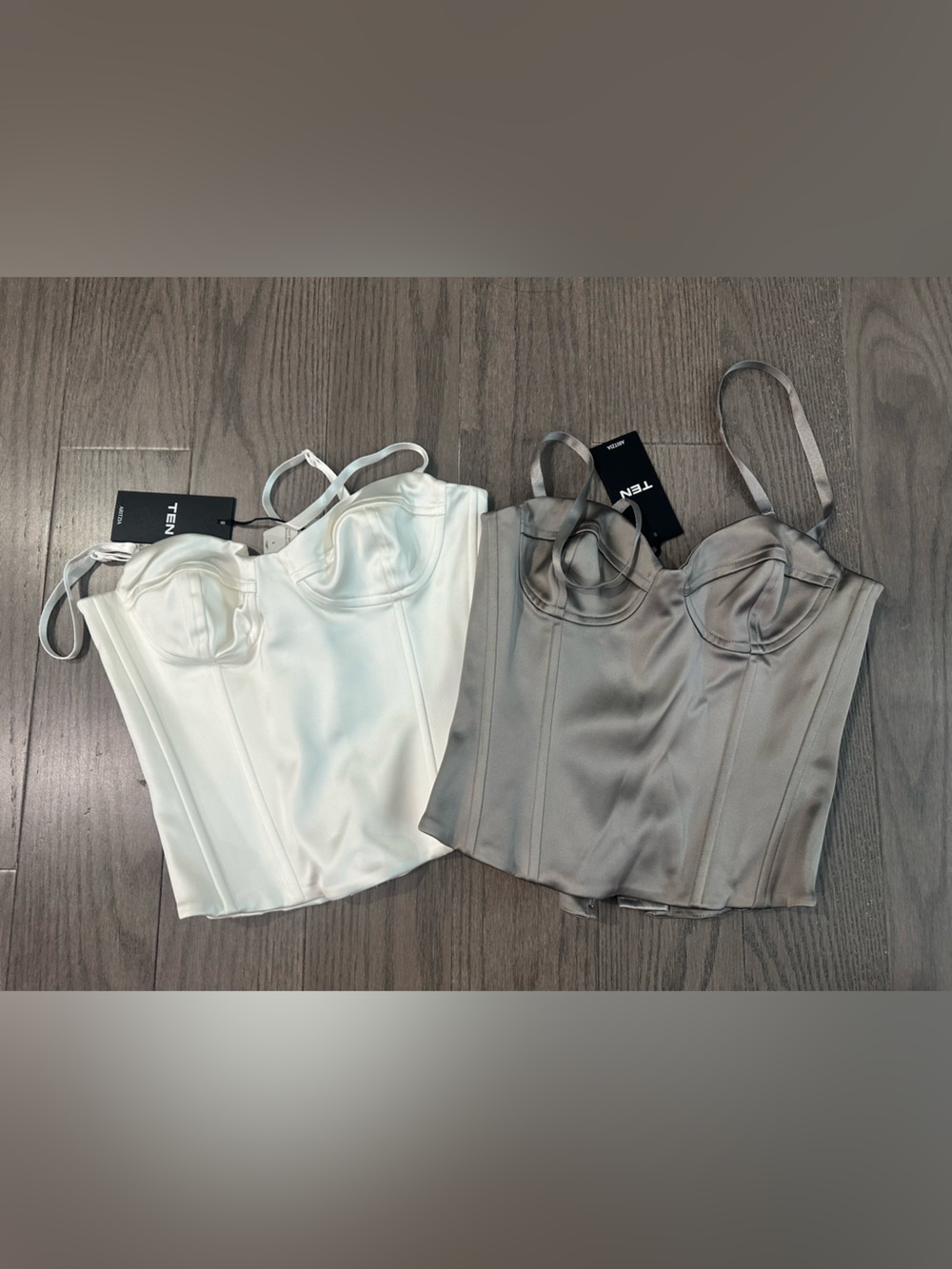 Aritzia Satin Bustier Crop Top in White and Taupe